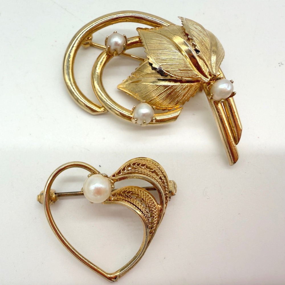 Vintage Gold Tone Brooch Lot Leaf & Heart Cultured Pearl‎ Pins Mid Century